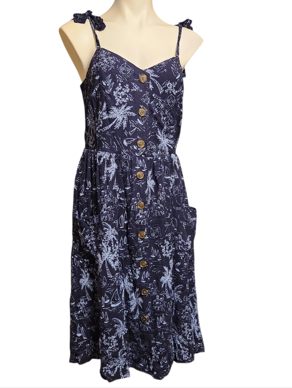 LC Lauren Conrad Navy and Light Blue Printed Tie-Shoulder Dress Medium